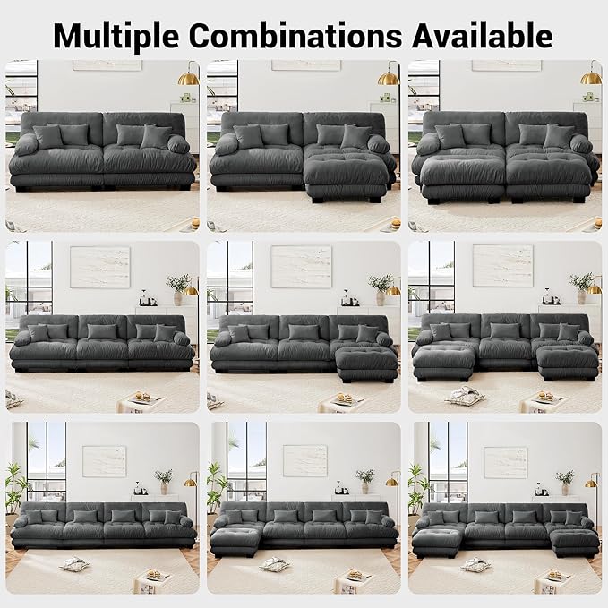 Loveseat Modular Sectional Sofa, L Shaped Couch with Ottoman, Cloud Couch Sectional Couch Home Sofa Living Room Oversized Couch Deep Seat Couch with Round Bolster Armrests 4 Pillows(Gray)
