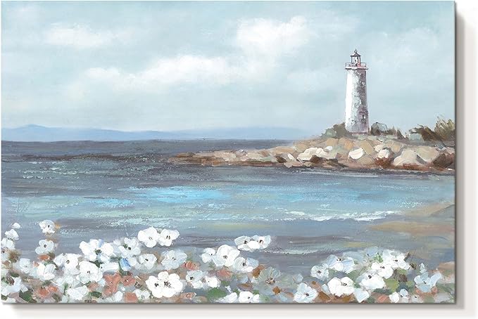 cozy country Lighthouse Wall Art 45"x30" - Coastal Pictures Beach Canvas Ocean Decor - Nautical Artwork Seascape Hand Painting for Living Room, Bedroom, Sea House