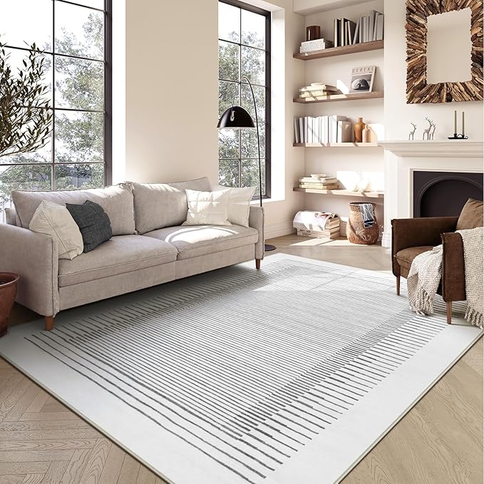 Wonnitar Washable Striped 8x10 Rugs for Living Room, Non-Slip Soft Grey Berber Stripe Bedroom Rug, Low Pile Minimalist Floor Carpet for Dining Room Living Room Office Department (Grey, 8' x 10')
