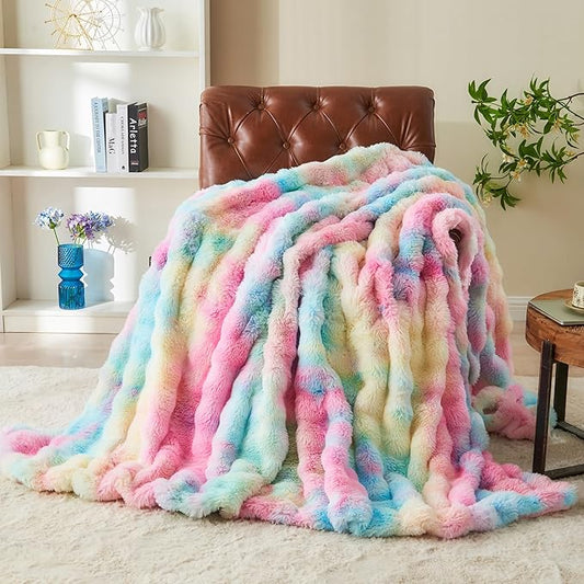 RYNGHIPY Faux Fur Throw Blanket Tie Dye Colorful Rainbow Blanket for Couch Plush Fluffy Faux Rabbit Fur Decoration Blanket for Sofa Chair Bed (Rainbow, 51''x63'')