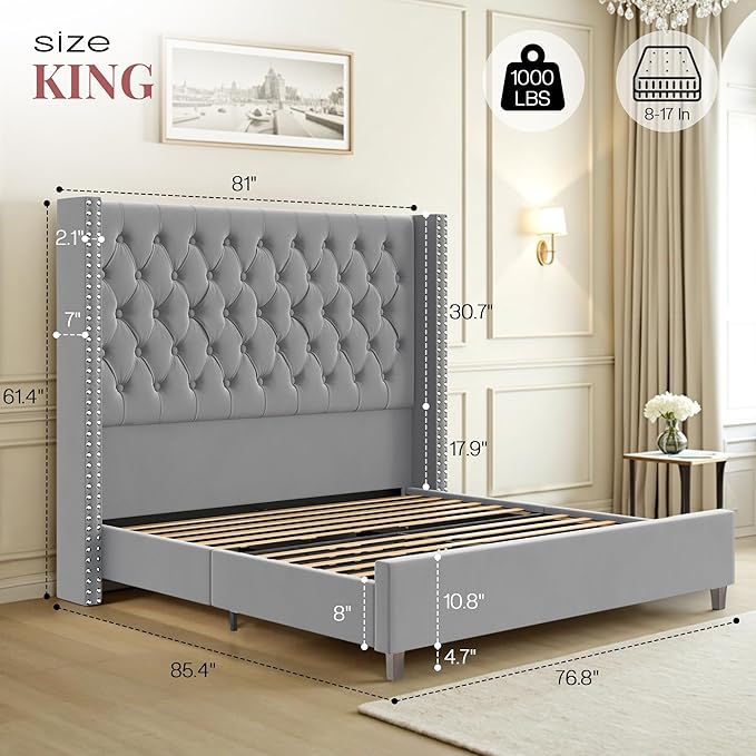 PaPaJet King Size Bed Frame with 61.4" Tall Headboard, Velvet Upholstered Platform and Handmade Deep Button Tufting, No Box Spring Required, Grey