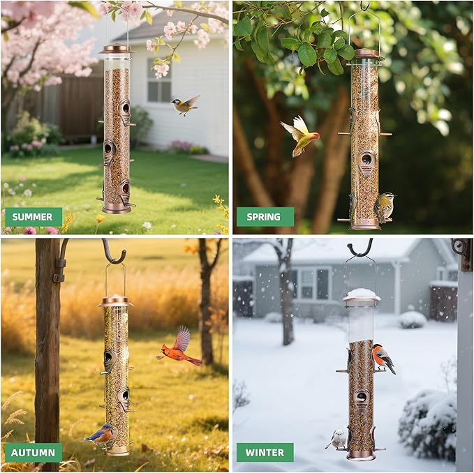 MIXXIDEA Metal Tube Bird Feeders for Outdoors - 6 Ports Hanging Feeder Attracts Wild Birds in Your Lawn, Garden, Balcony - Antique Copper - 1 Pack