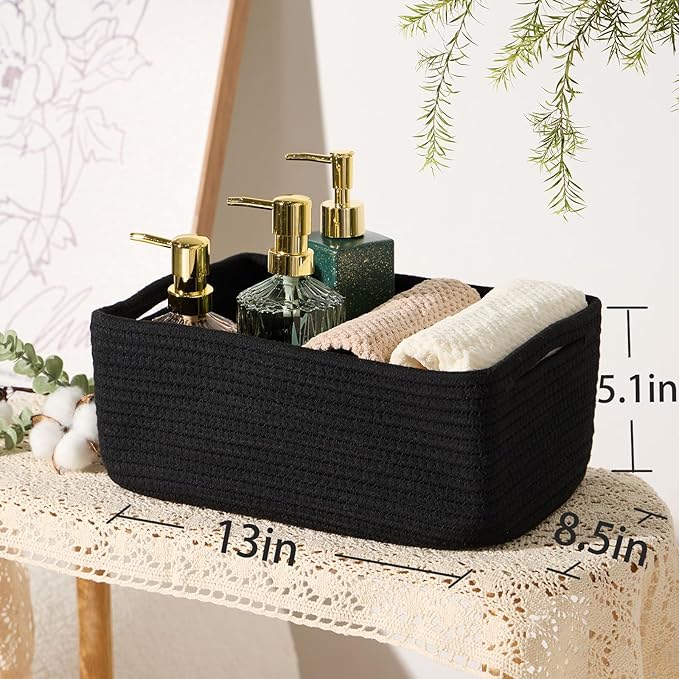 Small Storage Baskets for Organizing | Closet Organizer Bins | Shelf Toy Basket | Woven Rope Baskets | Cube Decorative Box | Shallow Basket | 13x8.5x5.1” | 3 Packs Black