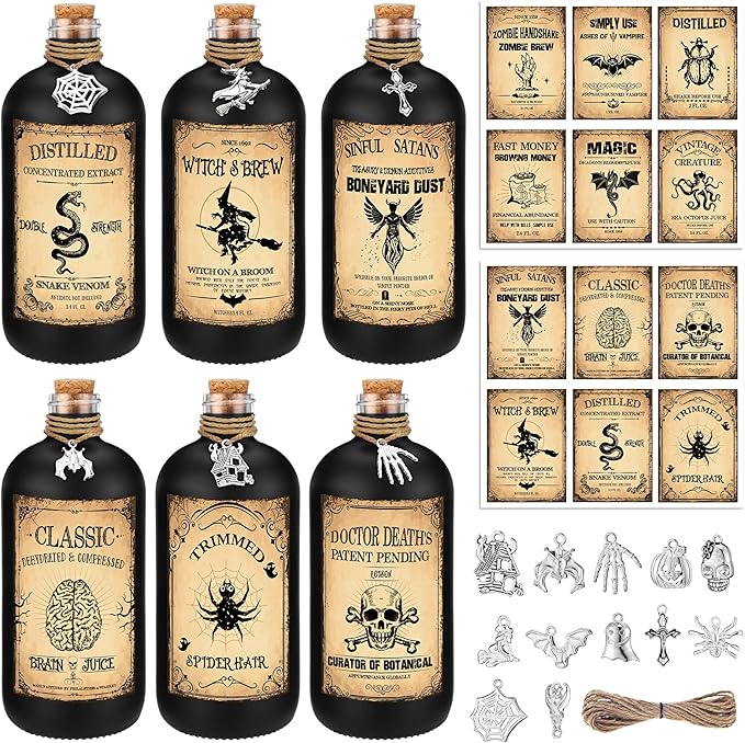 Uiifan 31 Pcs Halloween Potion Bottles Set Including Glass Apothecary Bottles with Cork Stickers and Pendants Halloween Decorations Indoor Party Supplies (Black,8.5 oz)