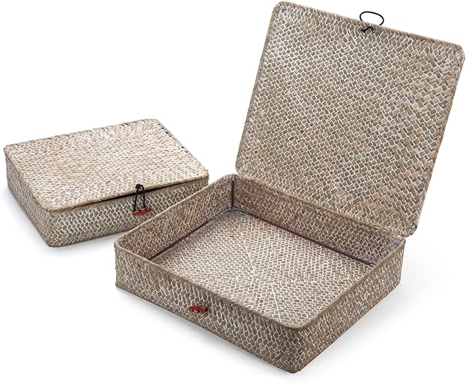 Whitewash Seagrass Basket with Lid Rectangular Decorative Storage Boxes for Shelf Organize Snack Toys Set of 2 (Large+Small)