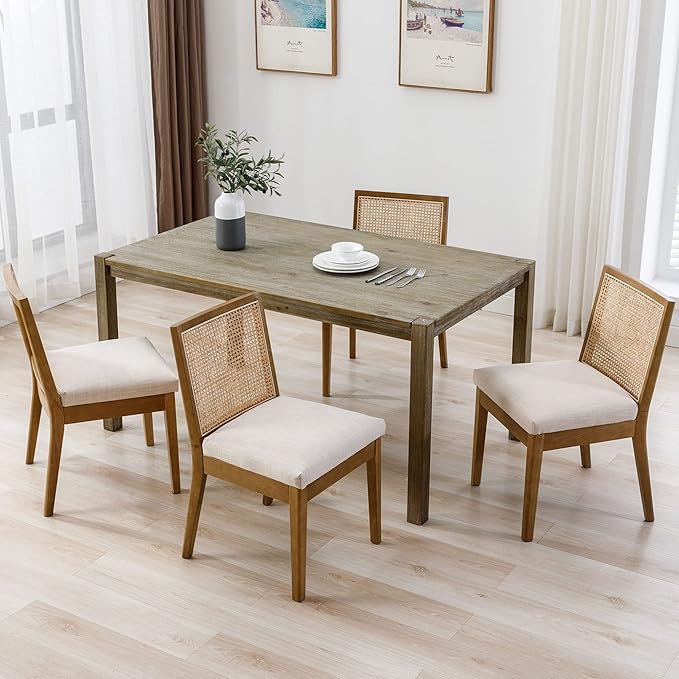 VESCASA Upholstered Dining Chairs with Square Rattan Back, Armless Padded Linen Cushion Dining Chairs with Wood Legs for Dining Room, Kitchen, Set of 6, Natural Frame