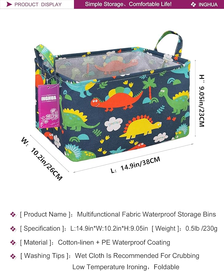 Rectangular Storage Basket Fabric Organizer Bin for Toys,Books,Clothes,Gifts,Pets-Perfect for Home,Office,Nursery,Dorm,Shelf(Rec Forest Dinosaurs)