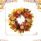 Glitzhome 24 inch Artificial Fall Wreath Decor, Autumn Maple Leaf Wreath for Front Door with Dahlia Pumpkin, Leaf and Berry Wreaths for Autumn Harvest Thanksgiving Halloween Decor