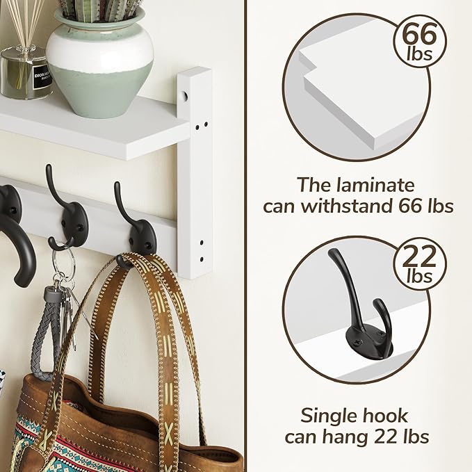 AMBIRD 34.2" L Wooden Wall Coat Hooks with Shelf - Versatile and Decorative Wall-Mounted Storage - 10 Hooks for Hanging Coats, Hats, Keys, Bags, Scarves - Ideal for Entryways, Bedrooms, Closets(White)