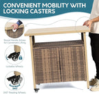 Outdoor Indoor Storage Cabinet with Rolling Wheels, Patio Serving Cart with Bar Table and Wicker Cabinet, Kitchen Island Prep Table, Beige