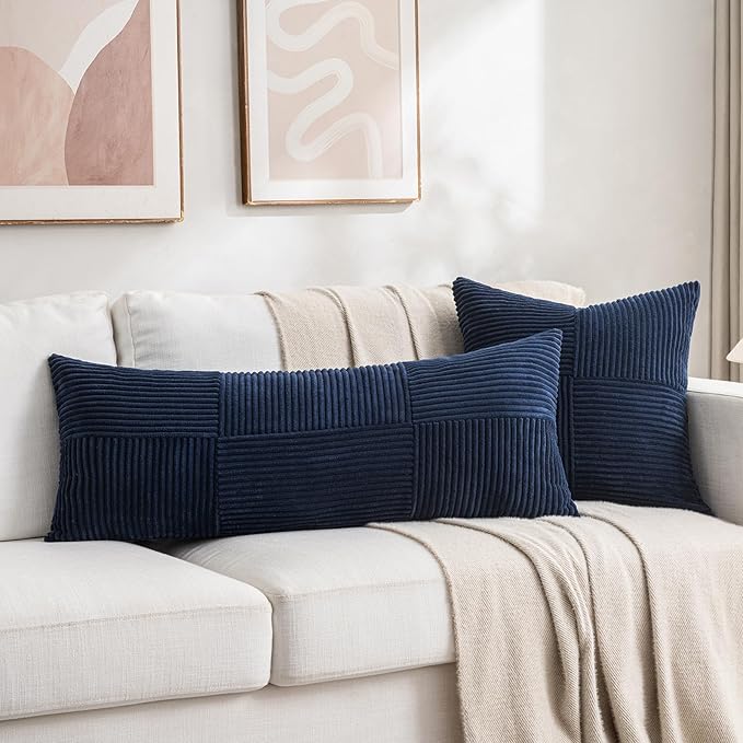 Fancy Homi 2 Packs Navy Blue Decorative Throw Pillow Covers 18x18 Inch for Living Room Couch Bed, Rustic Farmhouse Boho Home Decor, Soft Corss Corduroy Patchwork Textured Square Cushion Case 45x45 cm