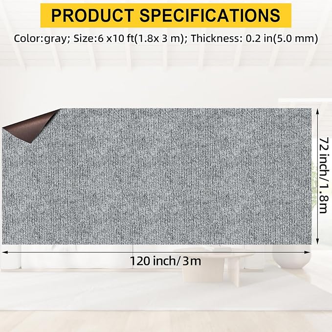 Marine Carpet,6 FT x 10 FT Smoke Gray Indoor Outdoor Carpet 0.2" Thick Boat Carpet with Water-Proof TPE Backing, Non-Slide Outdoor Marine Carpet Roll for Home, Patio, Porch, Deck