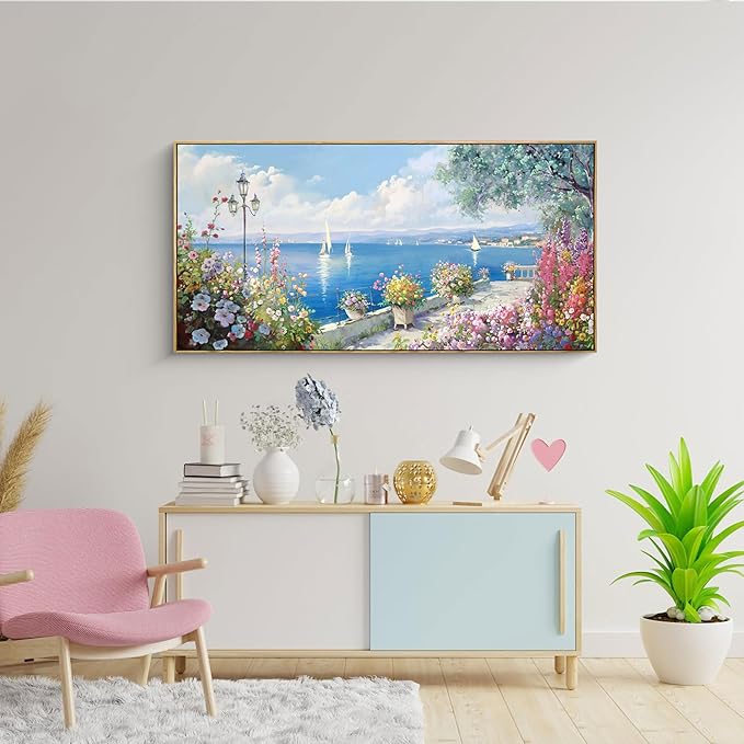 XLSJERST Blue Coastal Wall Art - Ocean Seascape Canvas Yellow Green Flowers Painting Landscape Sailboat Picture Artwork Modern Large Framed for Living Room Bedroom Home Office Decor 20"x40"