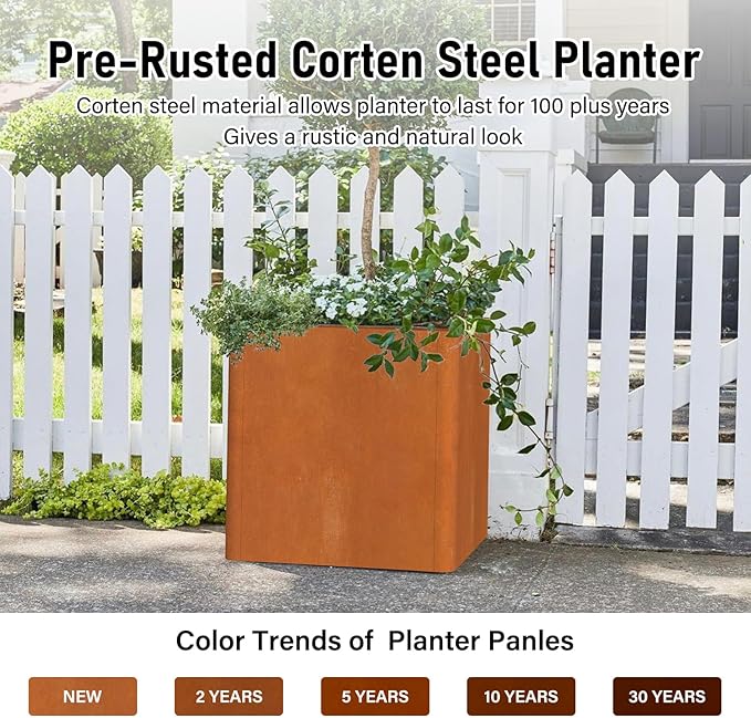 Corten Steel Planter Box 24"x24"x25", Large Square Metal Planter Indoor&Outdoor, Large Cube Planters with Drainage Hole for Porch/Patio/Garden