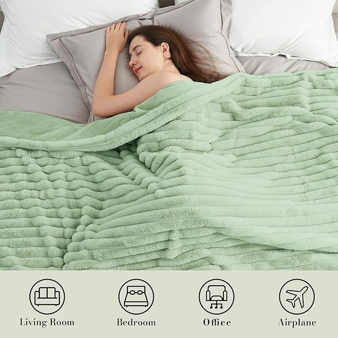 Amélie Home Faux Fur Throw Blanket for Couch, Cozy Fuzzy Fluffy Fur Luxurious Soft Striped Plush Gift Blankets for Family Sofa Chair Bed Living Room Bedroom, 55"x70", Sage Green