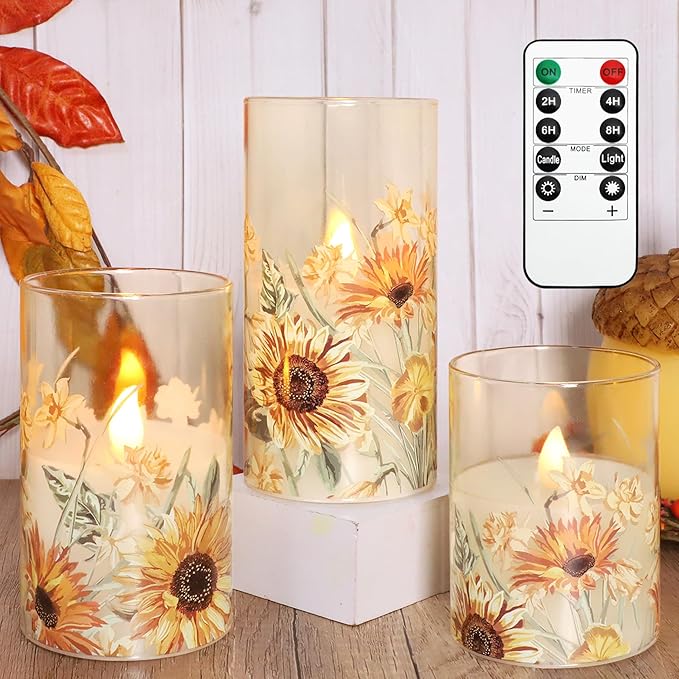 MELTONE Autumn Sunflower Flameless Candles Remote Real Wax Flickering Battery Operated Glass Candles - Home Party Bedroom Birthday Christmas Summer Fall Decorations