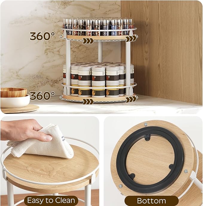 Lazy Susan Organizer, Rotating Spice Rack, 2 Tier Spice Turntable Organizer, Industrial Turntable Spice Holder, for Kitchen Countertop, Compact and Versatile, White and Natural SR22WN