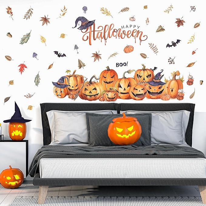 clothmile 38.18 x 36.15 Inch Halloween Wall Decals Halloween Pumpkins Bat Leaves Wall Stickers Removable Halloween Peel and Stick Sticker for Halloween Party Supplies Home Window Decor