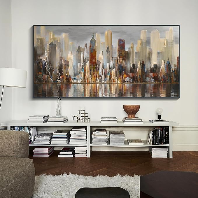 Mofutinpo Large Black Framed Cityscape New York abstract wall art Brown City Theme Paintings Modern Canvas office wall decor living room modern artwork Size 30x60