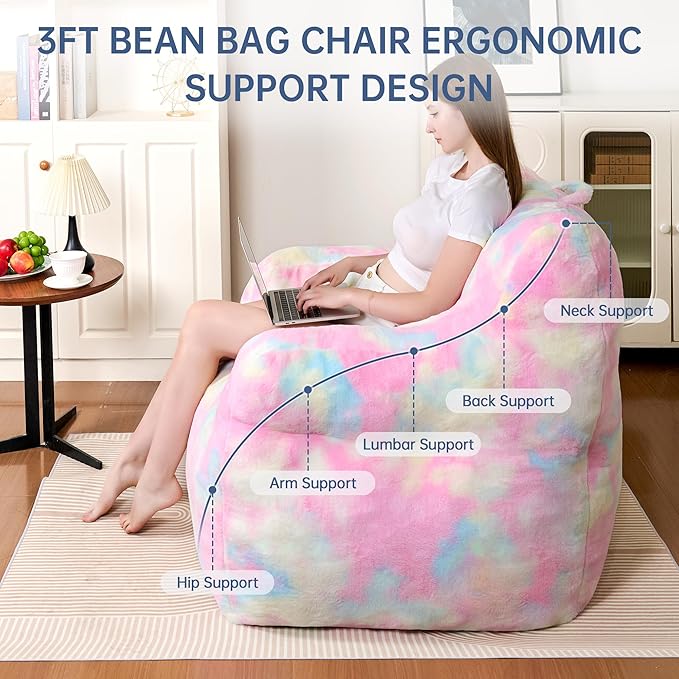 Recaceik Large Plush Bean Bag Chairs, Memory Foam Bean Bag Chair for Adults & Kids with Armrests, Comfy BeanBag Lounge Lazy Floor Sofa Accent Chair for Living Room, Bedroom, Dorm, Colorful Rainbow