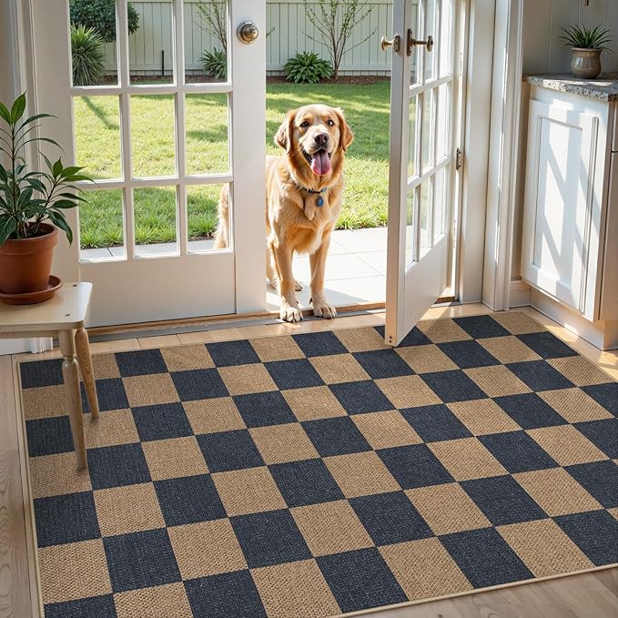 Lahome Checkered Easy Jute Indoor Outdoor Carpet, 3x5 Washable Rugs for Entryway Living Room Farmhouse Area Rug, Non Slip Blue Checkerboard Indoor Door Mat for Entry Patio Deck