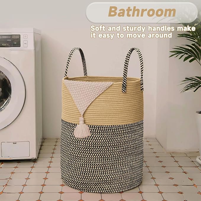 Large Woven Laundry Basket Hamper,100L Cotton Rope Storage Bin for Blankets,Toys and Clothes,Decorative Tall Nursery Hamper for Living Room,Baby Nursery,Bathroom and Bedroom,Brown and Black