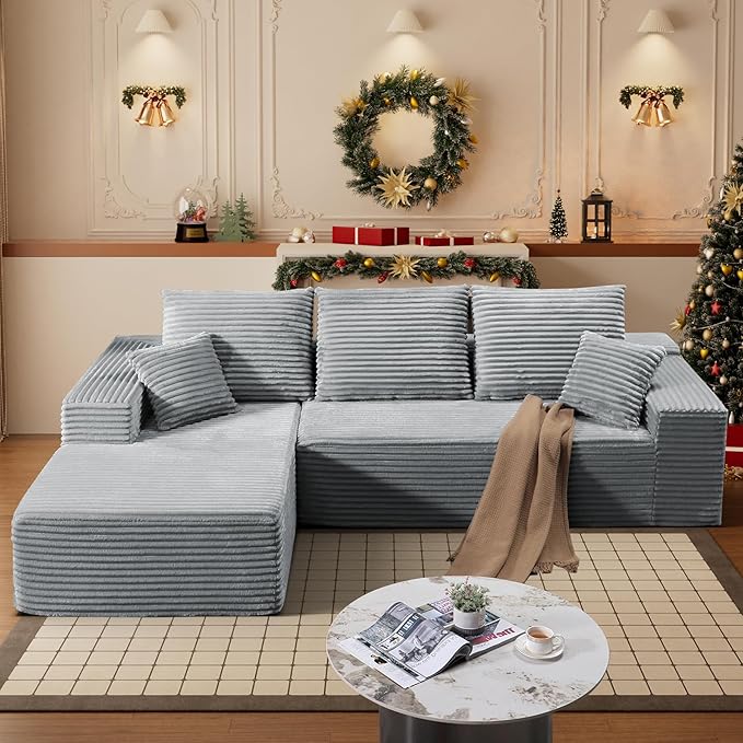 HYJT-H&K Modular Sectional Sofa Cloud Couch, 107" Comfy L Shaped Sectional Couches for Living Room, Deep Seat Memory Foam Plush Fluffy Corduroy Boneless Couch Sectionals Left Facing Sofa Chaise Grey