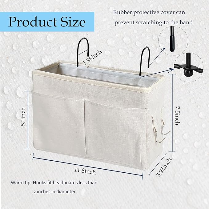 Bedside Caddy Organizer & Bedside Storage Basket Multi-Function Organizer for Bunk, Hospital Beds, Dorm Bed Rails,| Holds Magazines, Books, Glasses, Phone | Space-Saving (White 2 Pack)