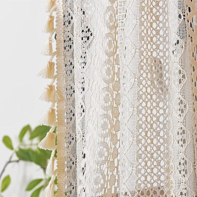 Sutuo Home Boho Sheer Curtain Valance Crochet Lace with Bohemian Hollow Knitted Handmade Tassels, Short Farmhouse Window Treatment for Kitchen Cafe, Rod Pocket, 1 Panel 59" W x 18" L, Beige