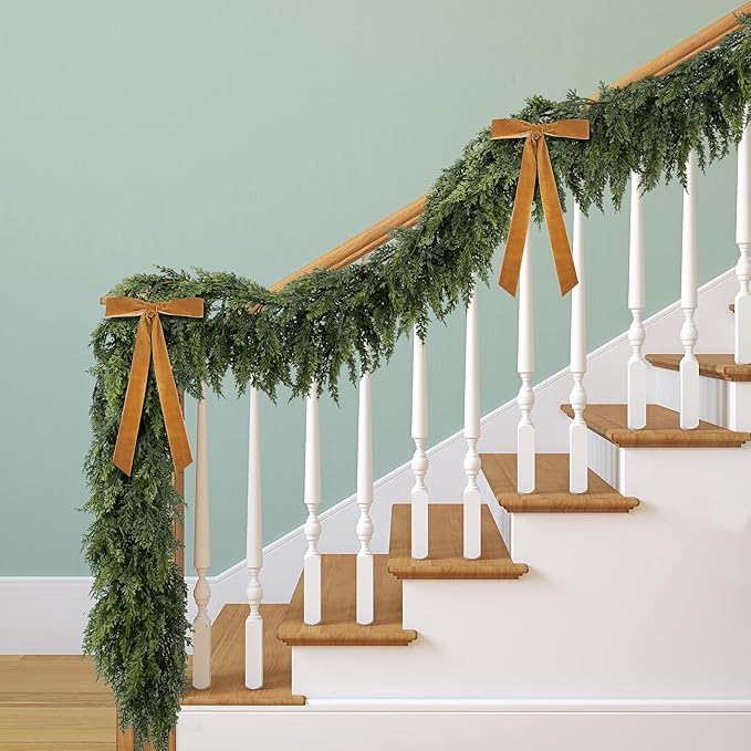 2 Pcs Christmas Norfolk Pine Garlands, 6 Ft Double Color Real Touch Artificial Cedar Garland, Faux Pine Cypress Greenery Garland Ornaments for Mantle Fireplace Table Indoor Outdoor Xmas Decoration