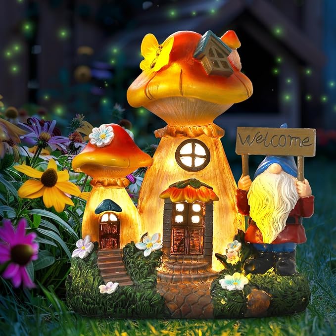 Solar Garden Statue Lights Mushroom Fairy House Figurine, Outdoor Memorial Garden Ornaments Waterproof Decoration for Outside Patio Yard Lawn Decor