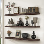 Fun Memories Floating Shelves for Wall, 24 Inhc Floating Shelves Wall Mounted, Rustic Live Edge Elm Wood Shelf, Heavy-Duty Storage Shelves for Books, Bathroom, Kitchen, Walnut Finish, Set of 2