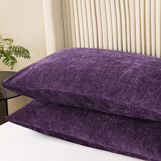 CaliTime Throw Pillow Covers Decorative 20 X 26 Inches Pack of 2 Cozy Chenille Standard Pillow Shams Cases for Couch Sofa Bed Living Room Home Plum Purple