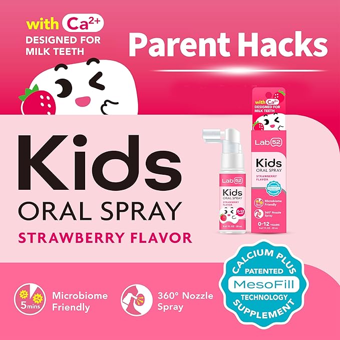 LAB52 Kids Oral Spray, Toddler Toothpaste Helper for Daily Oral Care and Fresh Breath, Children Approved with Fluoride Free for Newborn to Preschoolers, Xylitol (Strawberry & Vanilla)