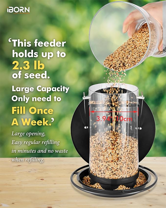 iBorn Metal Bird Feeders for Outdoors Hanging,Wild Bird Feeders for Cardinal,18cm Large Roof&Tray Black 6 Port (Seed is not Included)