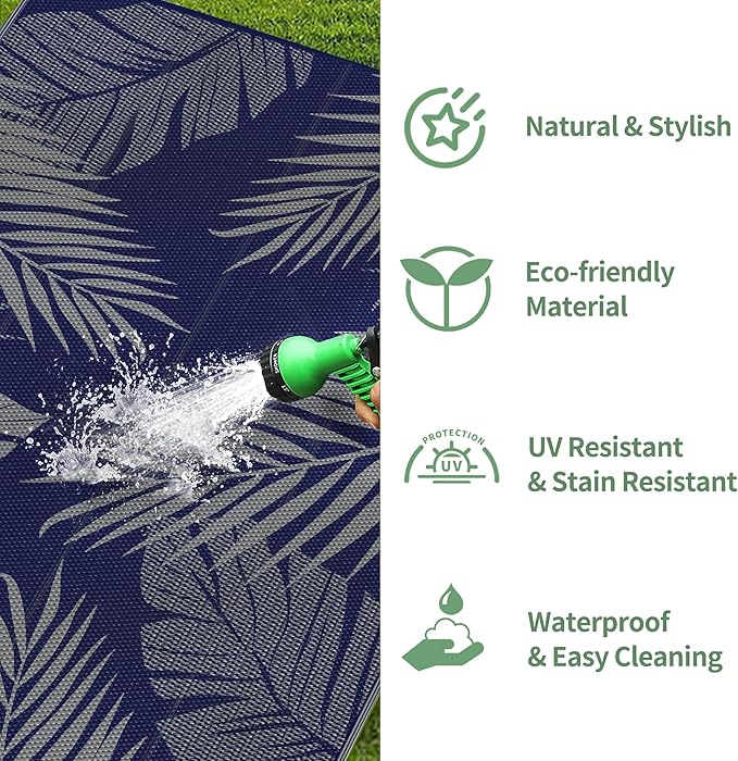 GENIMO Outdoor Rug 9' x 12' Waterproof for Patios Clearance, Reversible Outdoor Plastic Straw Camping Rug Carpet, Large Area Rugs Mats for RV, Camper, Deck, Balcony, Porch, Beach, Navy Blue&Grey