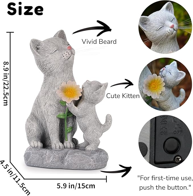 Solar Cat Garden Statue Outdoor Decor - Mother & Kitten Figurines with Flower LED Light, Outside Yard Art Patio Balcony Lawn Ornament, Unique Gifts for Cat Lover