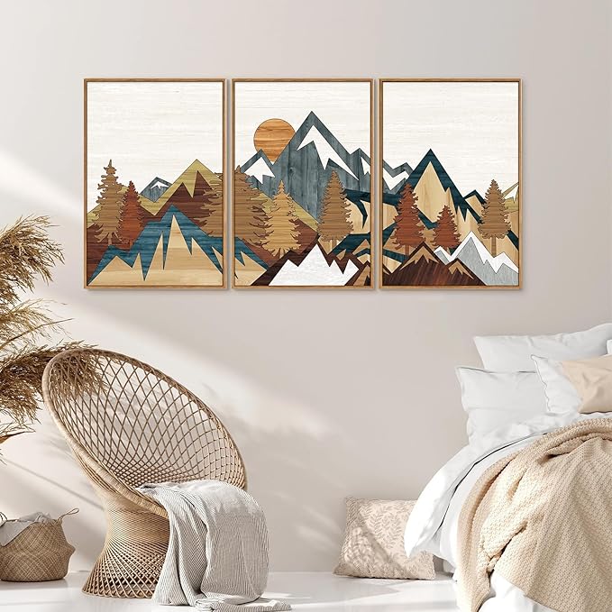 SIGNINART Vintage Mountain Framed Canvas Wall Art Set, Boho Sunrise Art Prints, Forest Nature Wilderness Art Paintings, Modern Farmhouse Woodcut Style Wall Decor for Living Room Bedroom, Office 16"x24"x3