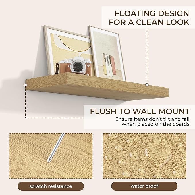 RICHFOCUS 31.5Inch Floating Shelves for Wall 2 Pack Shelves for Bedroom|Kitchen|Bathroom Wall Mounted Rustic Wood Floating Shelf with Invisible Brackets for Books|Storage|Decor, Oak