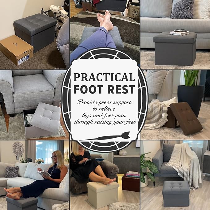 LINMAGCO Ottoman Storage Ottoman with Storage Small Foot Rest Stool Under Desk Stool Short Folding Footrest Linen Cloth Dark Gray 16X12X12IN