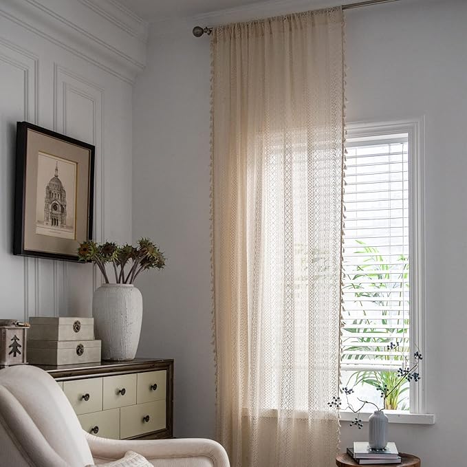 Sutuo Home Boho Curtains Crochet Lace Semi-Sheer Bohemian Hollow Knitted Handmade Tassels, Rod Pocket Window Treatment Vintage Rustic Farmhouse Drapes for Living Bedroom, 1 Panel 59" W x 84" L, Beige