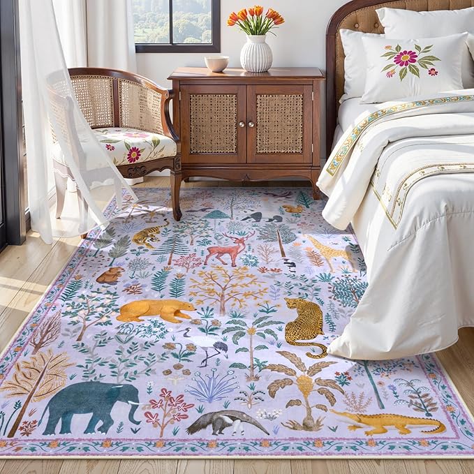 OJIA Animal Print Washable Rug 5x7 Area Rugs for Nursery, Soft Kids Bedroom Rug Ultra-Thin Non-Slip Modern Living Room Carpet, Stain Resistant Throw Carpet for Office Dining Room