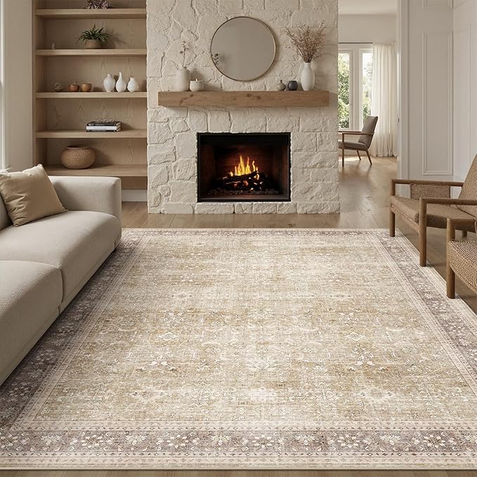 DCX Machine Washable Brown and Beige Area Rug 8x10, Non Slip Stain Resistant Vintage Rug for Living Room Diningroom Bedroom Nursery, Soft Low Pile Large Carpet