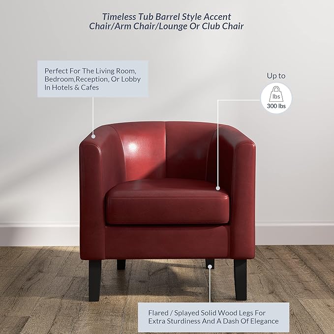 BELLEZE Accent Barrel Chair, Linen Round Chair Club Tub Sofa Corner Chair with Flared Legs and Cozy Soft Padding for Living Room Bedroom Waiting Room - Red