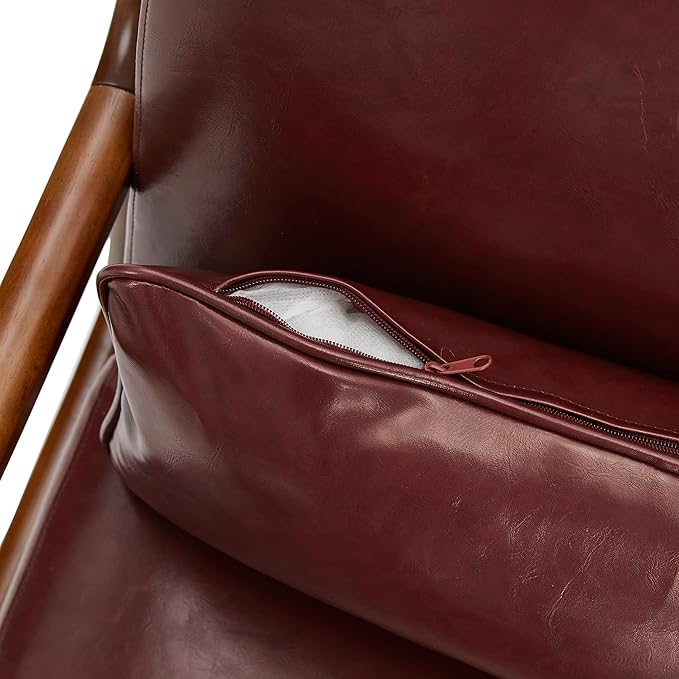 Glitzhome 2 Set Mid Century Red Accent Armchair, Single Reading Armchair PU Leather Lounge Chair with Walnut Ruberwood Frame