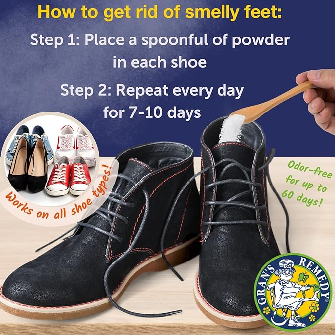Gran's Remedy Natural Shoe Deodorizer and Foot Odor Eliminator Powder for Men, Women, and Kids, Absorb Sweat and Moisture, Neutralize Smelly Odors, Cooling
