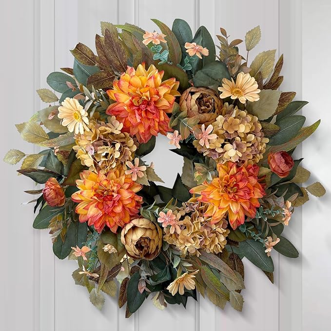 WANNA-CUL 24 Inch Spring Fall Wreaths for Front Door,Fall Wreath with Orange Hydrangea&Peony and Dahlia Flowers-Fall Decoration for Home-Large Fall Decor Door Wreath for Autumn,Harvest