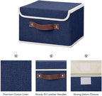 ANMINY Storage Bin with Lid Storage Boxes with PU Leather Handles PP Plastic Board Decorative Foldable Lidded Cotton Linen Fabric Home Cubes Baskets Closet Organizer Container - Blue, Small Size