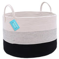 OrganiHaus Woven Laundry Basket, Large Cotton Rope Blanket Holder with Handles, Soft & Sturdy Nursery Hamper, Decorative Toy Bin for Living Room Organization 20x13 inches - Off-White/Black