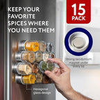IMPRESA Hexagon Magnetic Spice Jars - 15 Pack 1.74 oz Glass Jars With Stainless Steel Lids - Airtight Magnetic Seasoning Containers & Space-Saving Honeycomb Fridge Magnets - 60 Preprinted Labels